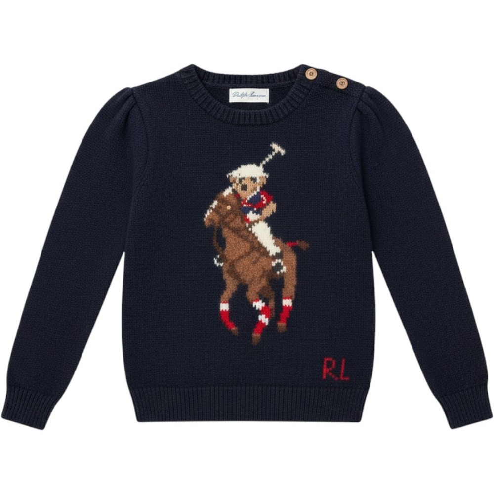 Vintage Ralph Lauren Equestrian Polo Bear Baby Intarsia Wool Blend Sweater Navy